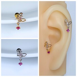 Gold and Silver Color Butterfly Pink Dangle Cartilage Piercing, Helix, Tragus, Conch, Earlobe Screw Back, Labret Earring