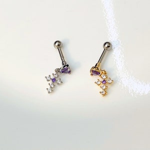 Purple Heart Shape and Dangle Cross Ear Cartilage, Tragus, Helix, Earlobe Earring, 16G Barbell Screw Back Piercing