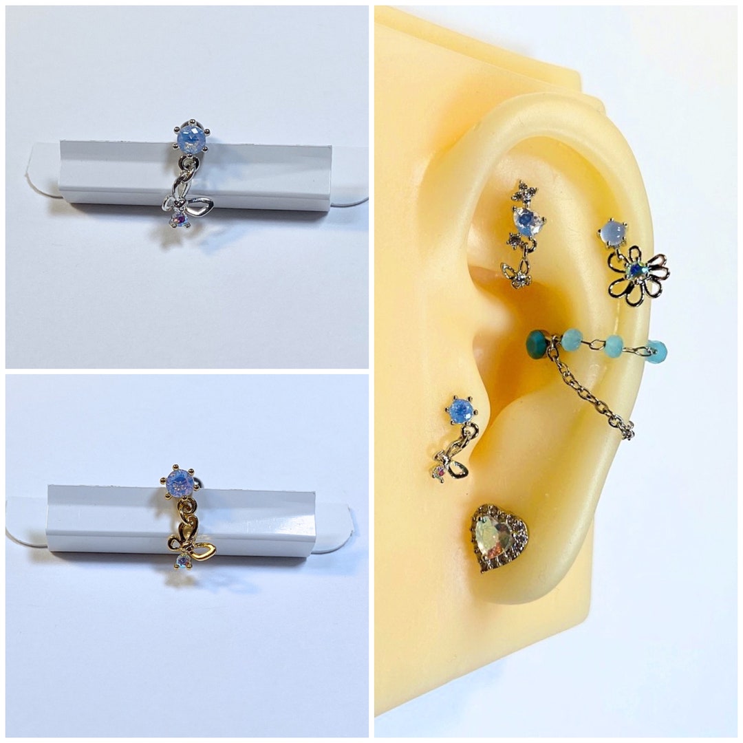 16g Pastel Blue CZ Dangle AB CZ Butterfly Gold and Silver Color Ear ...