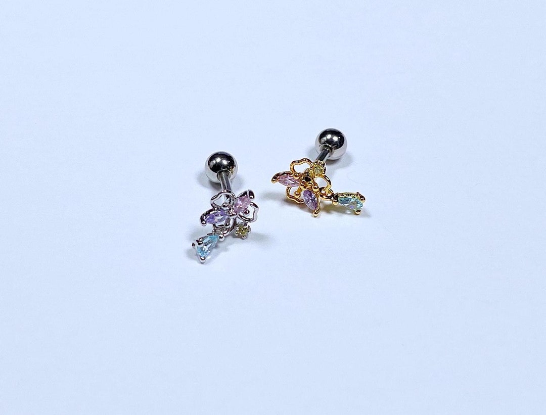 16g Line Flower Three Leaves Multi Color Cubic Zirconia Dangle Gold and ...