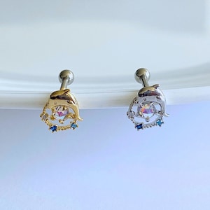 Dolphin AB Cubic Zirconia Gold and Silver Color Ear Cartilage, Helix, Conch, Earlobe Earring, Summer 16g Screw Back Barbell Piercing