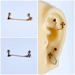 16g Red Cross and Heart Silver and Gold Color Chain Ear Cartilage, Helix, Earlobe Screw Back Stud Earring