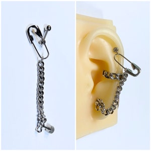 16g Silver Color Safety Pin Chain Two Pin Barbell Ear Cartilage, Helix, Earlobe Screw Back Piercing Stud Earring