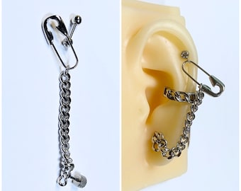 Catena Con Spilla Da Balia Color Argento Da 16 G, Cartilagine Dell'orecchio Con Bilanciere A Due Perni, Elica, Orecchino A Bottone Con Piercing Sul Retro A Vite Per Lobo Dell'orecchio - Foto 5