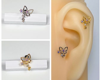16g Butterfly Gold and Silver Color Tiny Dangle CZ Ear Cartilage, Helix, Conch, Tragus, Earlobe Screw Back Stud Earring