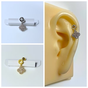 Round Gold and Silver Dangle Clover Shape Screw Back 16g Ear Cartilage, Helix, Earlobe Earring