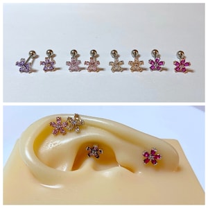 Flower Ear Cartilage Screw Back Piercing, Silver and Rose Gold Color 16g Helix and Conch Barbell Earring