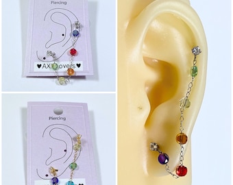 16g Crystal CZ Two Barbell Pins Multi Color Beads Silver and Gold Color Ear Cartilage, Helix, Earlobe Screw Back Stud Earring