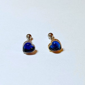 Blue Heart Shape Ear Cartilage Earring, Tragus Earring, Gold Color Heart Shape Piercing, Screw Back Piercing