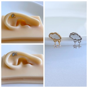 White Shiny Cloud Ear Cartilage Earring, Tragus Earring, 16G Silver and Gold Color Piercing, Screw Back Piercing, Dangle Ear Piercing