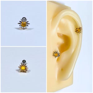 16g Yellow CZ Sun Silver and Gold Color Ear Cartilage, Helix, Earlobe Screw Back Barbell Piercing Stud Earring