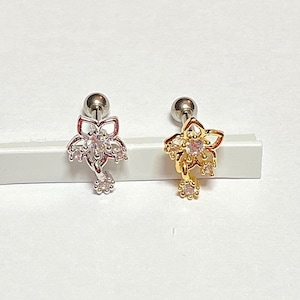Line Flower Dangle Small Cubic Zirconia Silver and Gold Color Ear Cartilage, Tragus, Conch, Earlobe Piercing, 16G Barbell Screw Back Earring