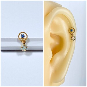 16g, 20g Blue Cubic Zirconia Dangle Small Opal Star Gold Color Ear Cartilage, Helix, Earlobe Screw Back Earring