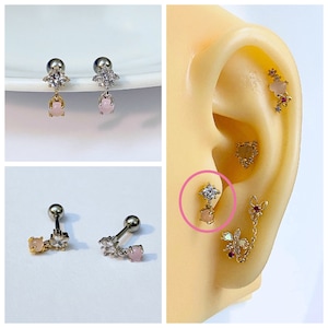 Crystal Diamond Shape Dangle Round Pastel Pink Color Screw Back Piercing, 16g Ear Cartilage, Helix, Tragus, Earlobe Earring
