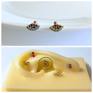 Red and Green Watermelon Gold and Silver Color Ear Cartilage, Helix, Conch, and Earlobe Earring, 16g Screw Back Barbell Piercing