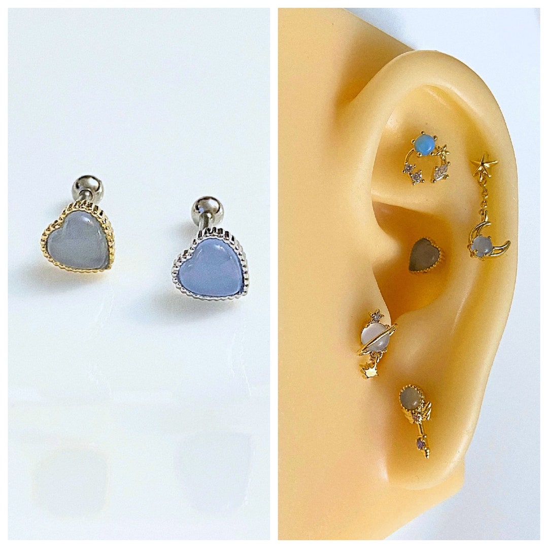 Sky Blue Color Heart Shape Ear Cartilage, Helix, Tragus, Conch, and Earlobe Earring, 16g Silver