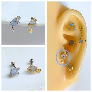 16g 20g Forma de planeta azul cielo Cuelga Cartílago de oreja de color dorado y plateado, Helix, Tragus, Pendiente de lóbulo de la oreja, Perforación de barra con tornillo