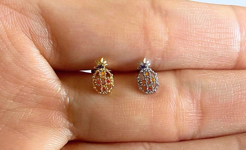 Pineapple Orange Cubic Zirconia Ear Cartilage, Helix, Conch, Tragus, Earlobe Earring, 16g Dainty Fruit Screw Back Barbell Piercing image 8