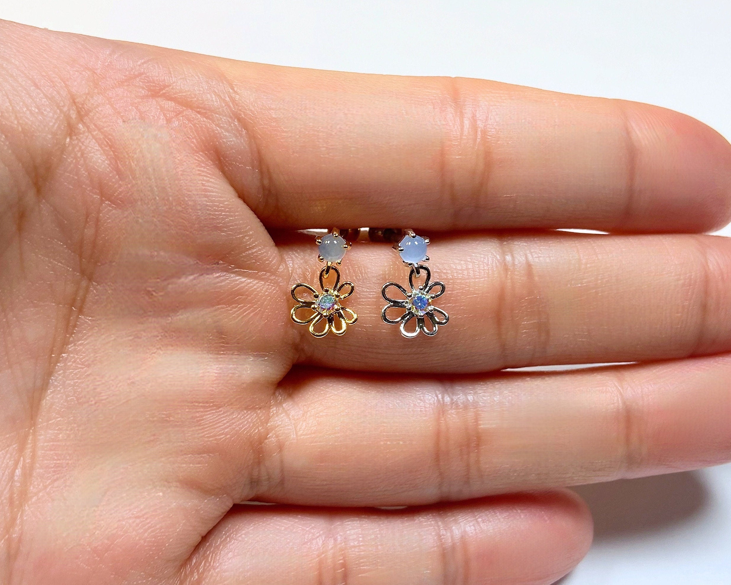 16g Pastel Sky Blue Cubic Zirconia Dangle AB CZ Flower Silver and Gold ...