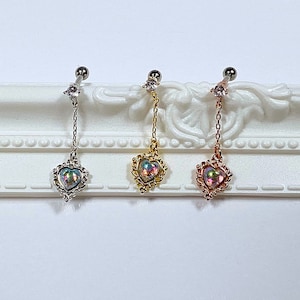 16g, 20g Crystal Cubic Zirconia Silver, Gold, Rose Gold Color AB Heart Dangle Ear Cartilage, Helix, Earlobe Screw Back Barbell Earring