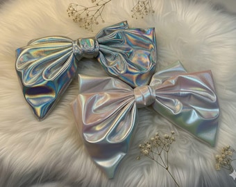 Lazo para el cabello de gran tamaño, metálico, holográfico, color plata y blanco