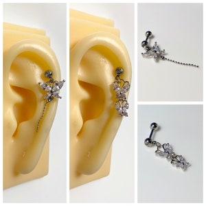 Crystal Cubic Zirconia Butterfly Dangle Ear Cartilage, Helix, Earlobe 16g Screw Back Stud Barbell Earring