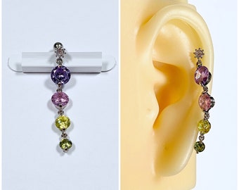 16g Multi Color Crystal, Purple, Pink, Yellow, Light Green CZ Drop Dangle Ear Cartilage,Helix, Earlobe Screw Back Barbell Earring