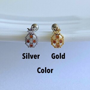 Pineapple Orange Cubic Zirconia Ear Cartilage, Helix, Conch, Tragus, Earlobe Earring, 16g Dainty Fruit Screw Back Barbell Piercing image 2