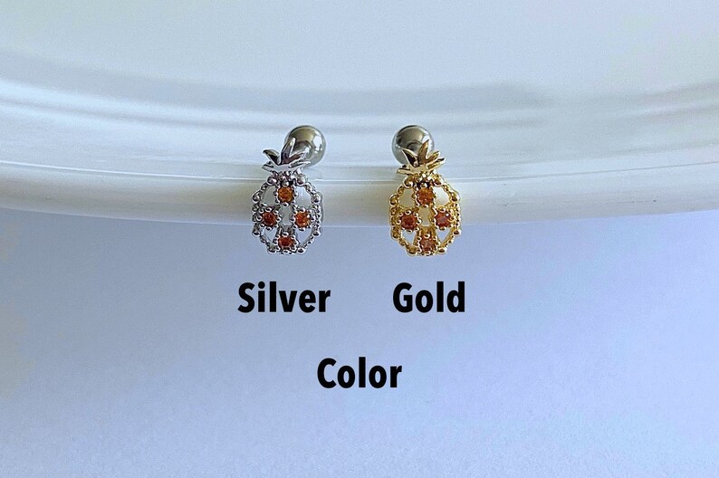 Pineapple Orange Cubic Zirconia Ear Cartilage, Helix, Conch, Tragus, Earlobe Earring, 16g Dainty Fruit Screw Back Barbell Piercing image 2