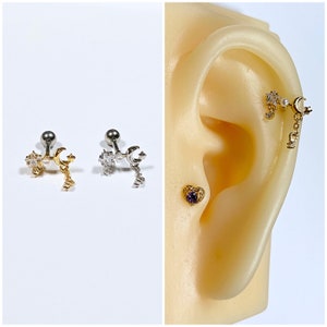 16 g, 20 g kleine parel, ster en maan dubbele CZ kristal zilver en goud kleur bungelend kraakbeen, helix, oorlel met schroef aan de achterkant