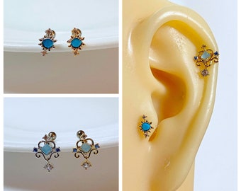 16g Sky Blue Ear Cartilage, Tragus, Conch, Earlobe Earring, Silver and Gold Color Screw Back Helix Barbell Piercing
