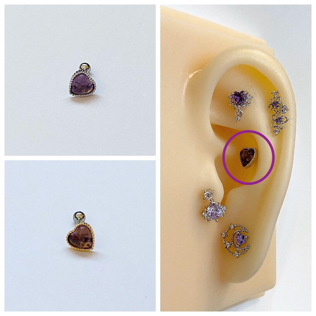 Purple Heart Shape Silver and Gold Color Ear Cartilage, Helix, Conch, Earlobe Earring, 16g Screw