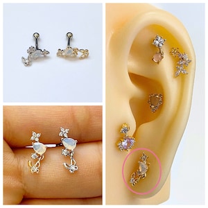 16g パステル ライトブルー ダングル スモール バタフライ ゴールド&シルバーカラー 耳軟骨、ヘリックス、トラガス、耳たぶイヤリング、スクリューバックピアス