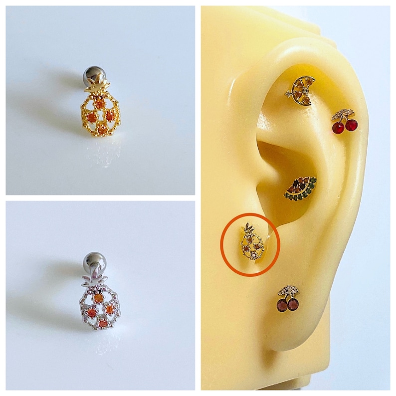 Pineapple Orange Cubic Zirconia Ear Cartilage, Helix, Conch, Tragus, Earlobe Earring, 16g Dainty Fruit Screw Back Barbell Piercing image 1