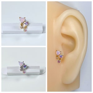 16g Pastellrosa und AB-Kristall Doppelherz baumeln Gold und Silber Farbe flache Rückseite Ohrknorpel, Muschel, Ohrläppchen, Tragus Ohrstecker