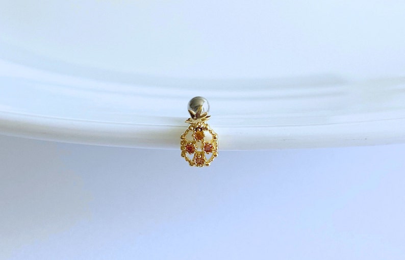 Pineapple Orange Cubic Zirconia Ear Cartilage, Helix, Conch, Tragus, Earlobe Earring, 16g Dainty Fruit Screw Back Barbell Piercing image 6