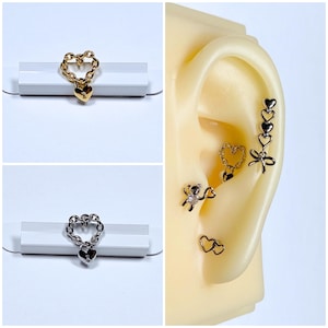 16g Chain Heart Shape Dangle Heart Lock Gold and Silver Color Ear Cartilage, Helix, Earlobe Screw Back Stud Earring