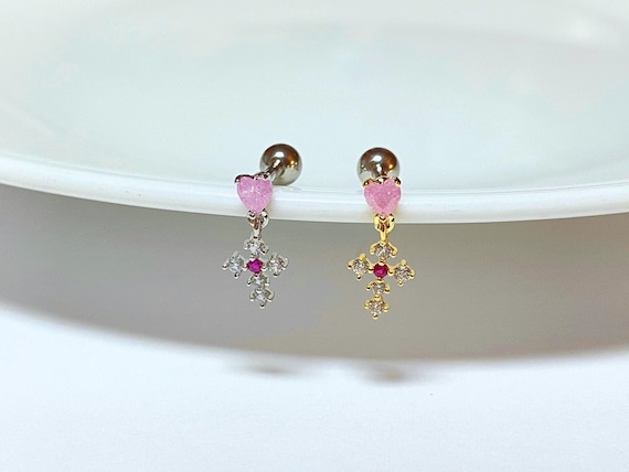 Cartilage Ball Back Dangling Pink Heart Barbell Cartilage Ball Back Dangling Pink Heart Barbell