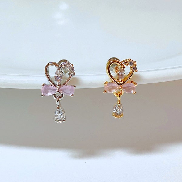 Heart Pink Ribbon Dangle Gold and Silver Color Screw Back Piercing, Ear Cartilage 16g Barbell Earring