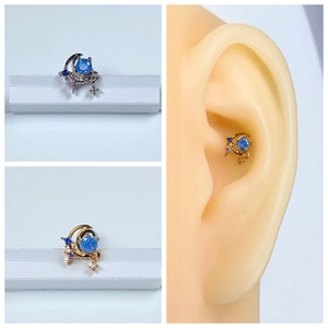 16g Gold and Silver Color Blue Cubic Zirconia Moon Dangle Tiny Crystal Cubic Zirconia Ear Cartilage, Helix, Conch, Tragus Screw Back Earring