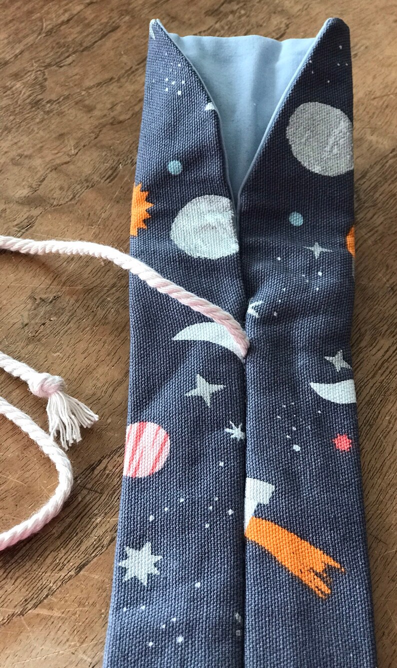 in space-themed print fits two fountain pens Pen CaseSleevePouchKimono with blue contrast lining /& cord closure.