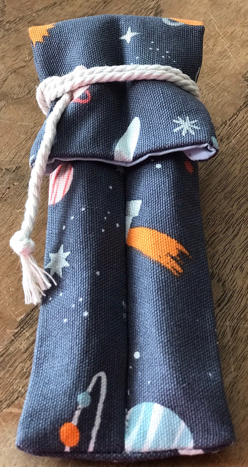 in space-themed print fits two fountain pens Pen CaseSleevePouchKimono with blue contrast lining /& cord closure.