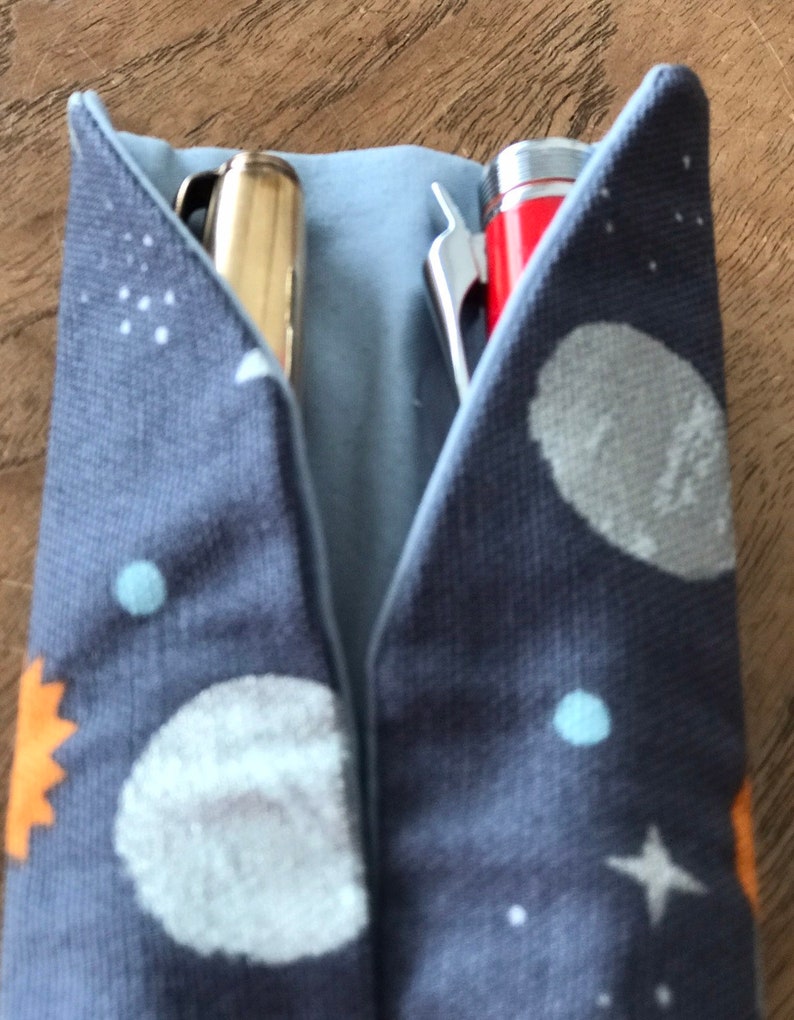 in space-themed print fits two fountain pens Pen CaseSleevePouchKimono with blue contrast lining /& cord closure.