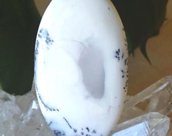 Dendritic Agate Merlinite Cabochon, Snow-White Chalcedony with Gray Dendrites, Jewelry-Grade Stone Veteran‑Owned 123L0150