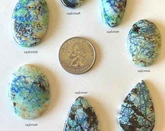 White Azurite Cabochons Russia, Blue Azurite Green Malachite Veining, Jewelry Making Supplies