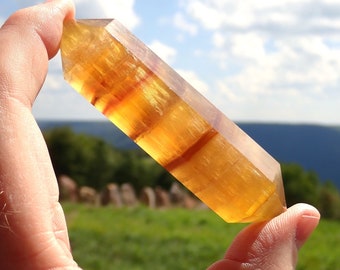 Yellow Fluorite, Polished Doubled Terminated Yellow Fluorite, Yellow Fluorite Polished Wand, Golden Fluorite, Ethically Sourced