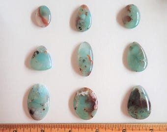 May include: Nine polished cabochon gemstones in various shapes, including oval, teardrop, and triangular, featuring a light blue-green base color with brown and black inclusions, arranged in three rows above a ruler showing inches.