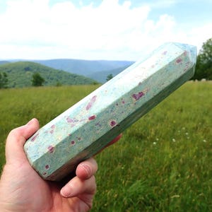 Ruby Fuchsite Tower 8 inch UV Reactive Crystal Point, Polished Heart Chakra Healing Stone, Huge Statement Piece, Metaphysical Home Decor