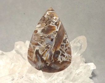 Stick Agate Cabochon, Faceted Top, Gray, Brown & White with Great Patterns.  From a Veteran Owned Studio 117L0035