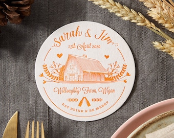 Personalised Barn Inspired Wedding Day Beermat / Coaster. This cost is for a Sample beermat. Please see description for costs.